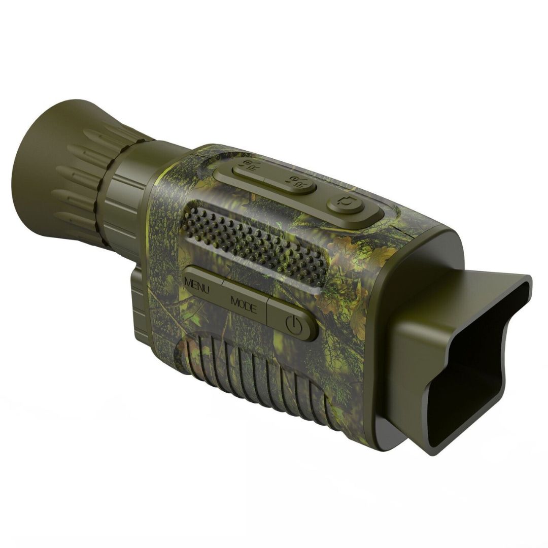 Embark on a nocturnal adventure with this rugged digital night vision monocular, featuring a camouflage design for stealth and easy-to-navigate buttons for optimal functionality in low-light conditions.