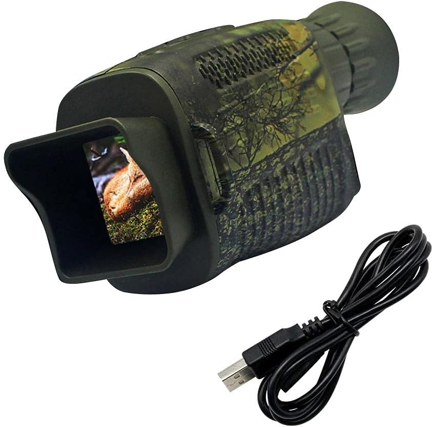 A person engages with nature using a digital monocular with a camouflage design, capturing a detailed image of a squirrel on the device’s integrated screen.