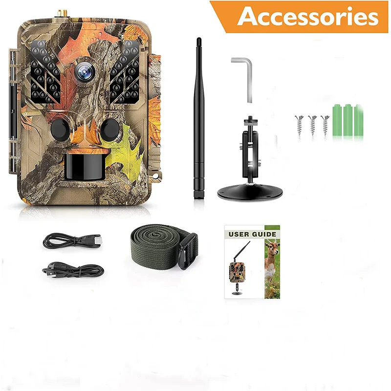 Seamlessly blend into the wild with this camouflaged video trail cam, equipped with essential accessories for capturing nature’s most candid moments.