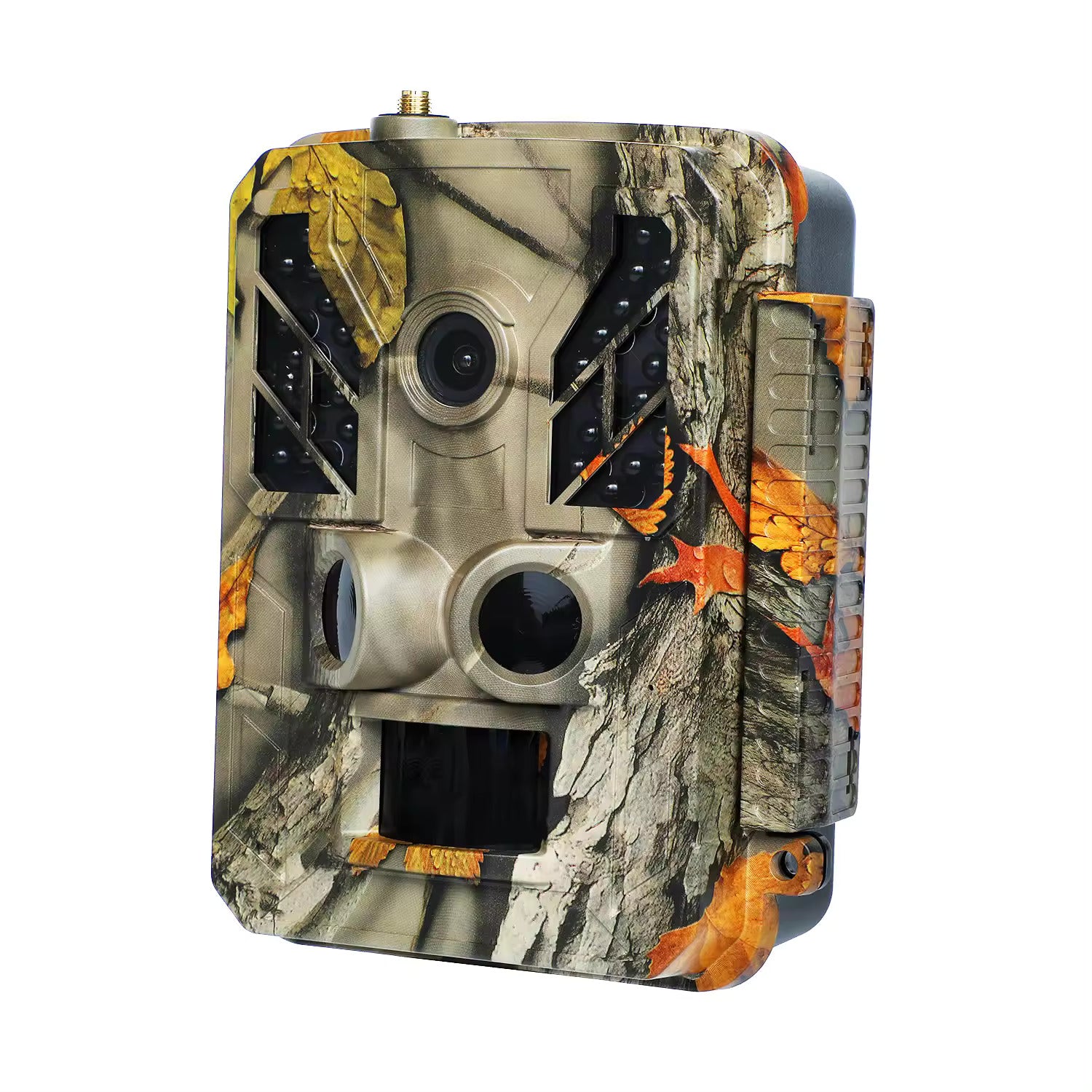 A hunting trail camera with a realistic camouflage design is expertly concealed in the forest, equipped with advanced sensors for capturing high-quality wildlife images.