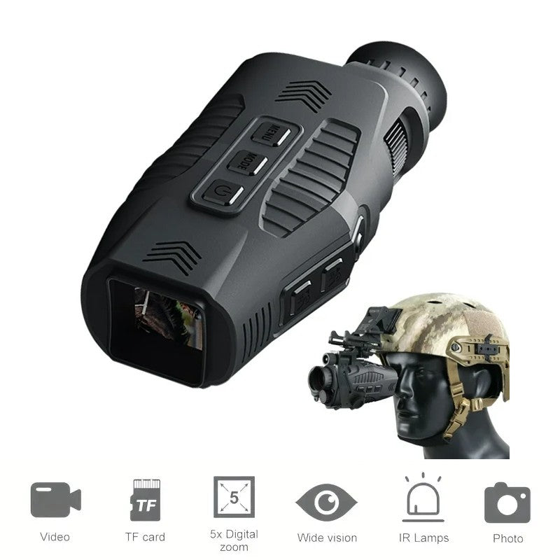 Enhance your nocturnal activities with this state-of-the-art night vision monocular with head mount, designed for hands-free operation. The compact and ergonomic device features 5x digital zoom, wide vision, and IR lamps for superior visibility in low-light conditions, making it perfect for night-time exploration or surveillance.