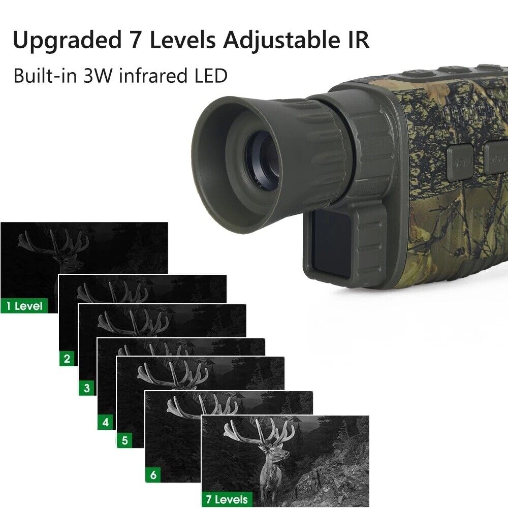 A hunter uses a monocular for hunting with upgraded 7 levels of adjustable IR and a built-in 3W infrared LED, ensuring clear visibility of deer even in low light conditions.
