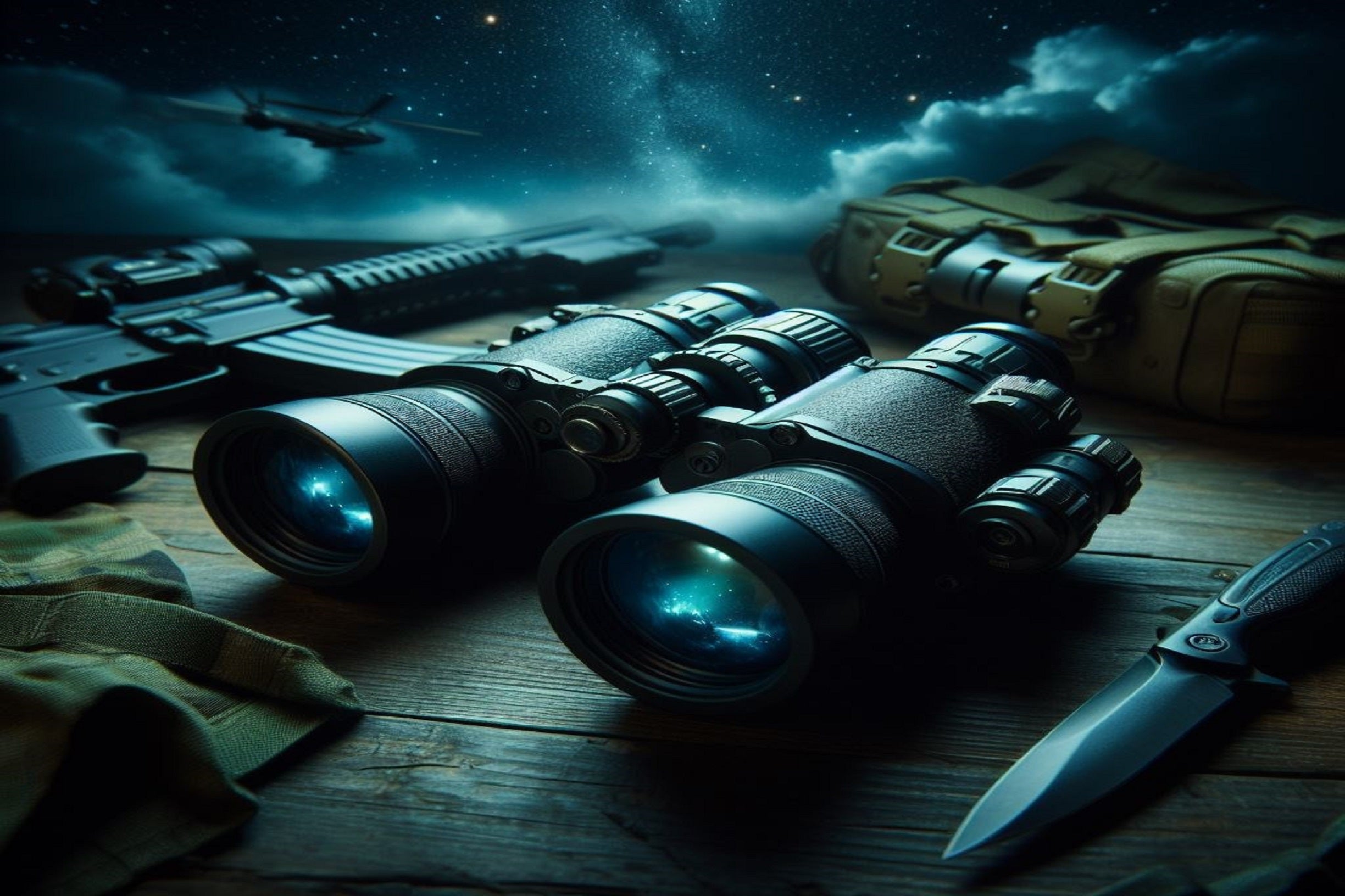 Night vision goggles binoculars and tactical gear on a wooden surface under a moonlit sky, illustrating the use of night vision goggles and night vision binoculars in outdoor and military settings.