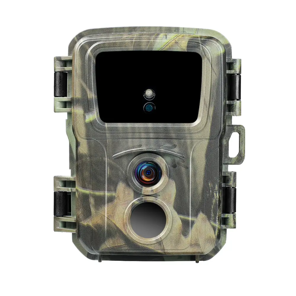 A rugged and efficient mini trail camera with a camouflage pattern, designed for seamless integration into natural environments for discreet wildlife monitoring.