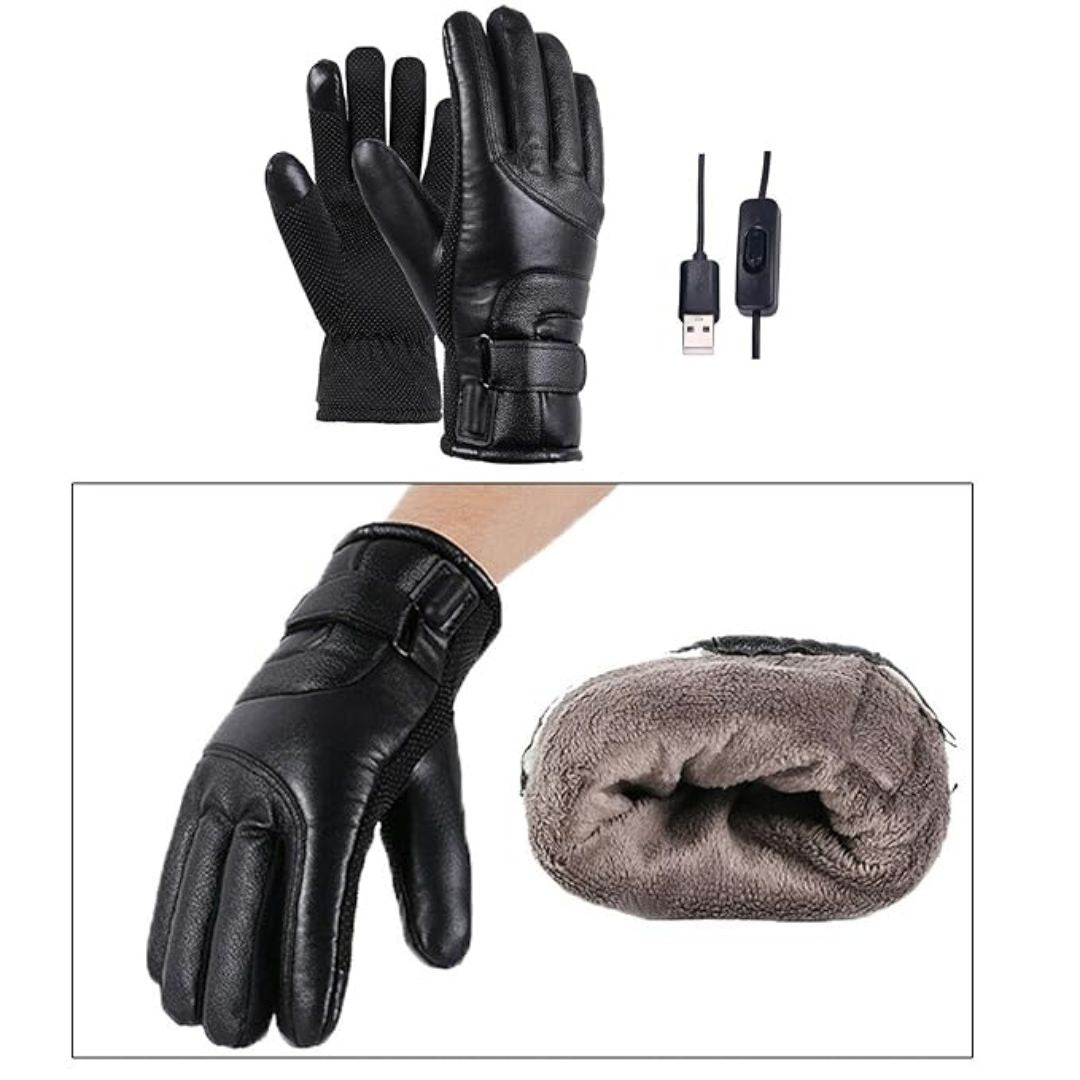 Black heated gloves with USB cable and storage bag on a white background