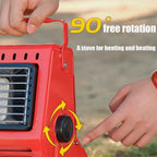 Red portable stove with 90-degree free rotation feature, held by hands against a blurred natural background.