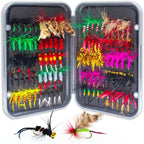 Open case of fishing flies with a close-up of a few flies on a white background