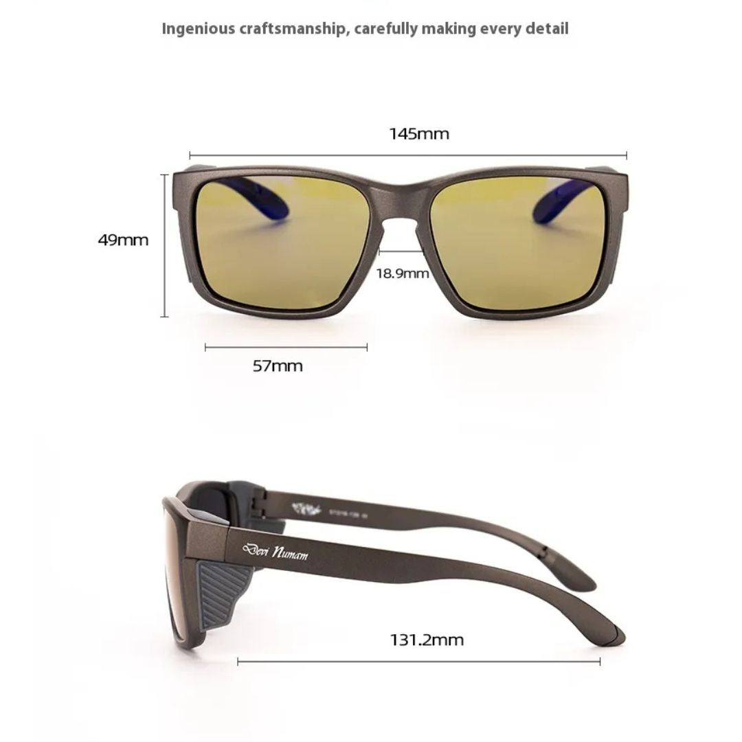 Technical diagram of polarized sunglasses showing detailed measurements: 145mm frame width, 49mm lens height, 57mm lens width, 18.9mm bridge width, and 131.2mm temple arm length. Includes side and front views on white background.