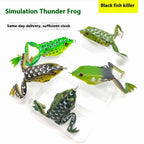 Set of five simulation thunder frog fishing lures in assorted green, black, and spotted patterns with double hooks, displayed on white trays, designed for bass and predator fishing.