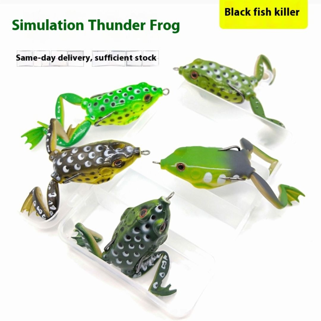 Set of five simulation thunder frog fishing lures in assorted green, black, and spotted patterns with double hooks, displayed on white trays, designed for bass and predator fishing.