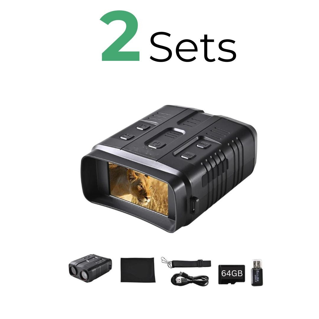 These two sets of night vision devices are compact and equipped with multiple control buttons, allowing you to see clearly even in the darkest environments. Each set includes a black night vision device with a digital screen, a black pouch for carrying, a charging cable and adapter, and a 64GB memory card. Whether you’re observing wildlife or conducting surveillance, these night vision goggles have you covered! 