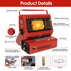 Red portable heater with labeled parts on a white background