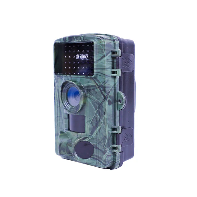Hunting trail camera camouflaged in a forest setting, equipped with night vision LEDs and a sturdy case, ready to capture wildlife activity in high-definition.