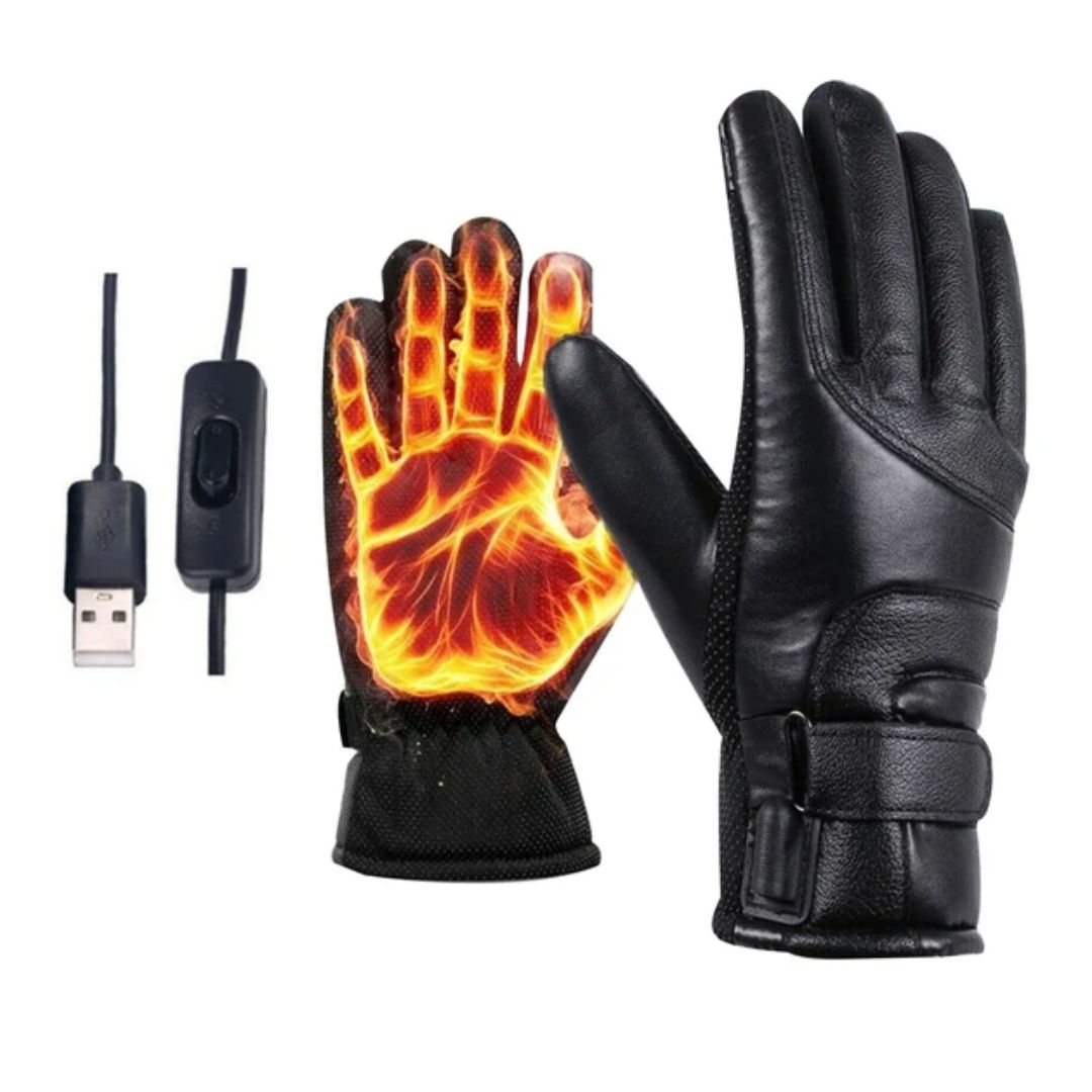 Black heated gloves with a glowing hand, USB cable, and power switch on a white background