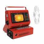 Red portable heater with visible flame on a white background