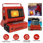 Red portable heater with features and usage scenarios on a white background