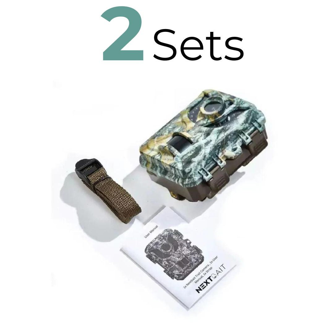 Two sets of small game cameras with rugged camouflage exteriors, equipped with large lenses for high-quality wildlife photography, complete with durable straps and NEXTGAI instruction manuals for easy setup in natural environments..
