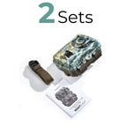 Two sets of small game cameras with rugged camouflage exteriors, equipped with large lenses for high-quality wildlife photography, complete with durable straps and NEXTGAI instruction manuals for easy setup in natural environments..