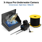 X-Aqua Pro Underwater Camera system featuring a 4.3-inch monitor displaying a 3D shark splash visual, a compact black underwater camera with mounting rods, and a coiled yellow cable spool — promoting 1080p HD, night vision, and live underwater viewing.