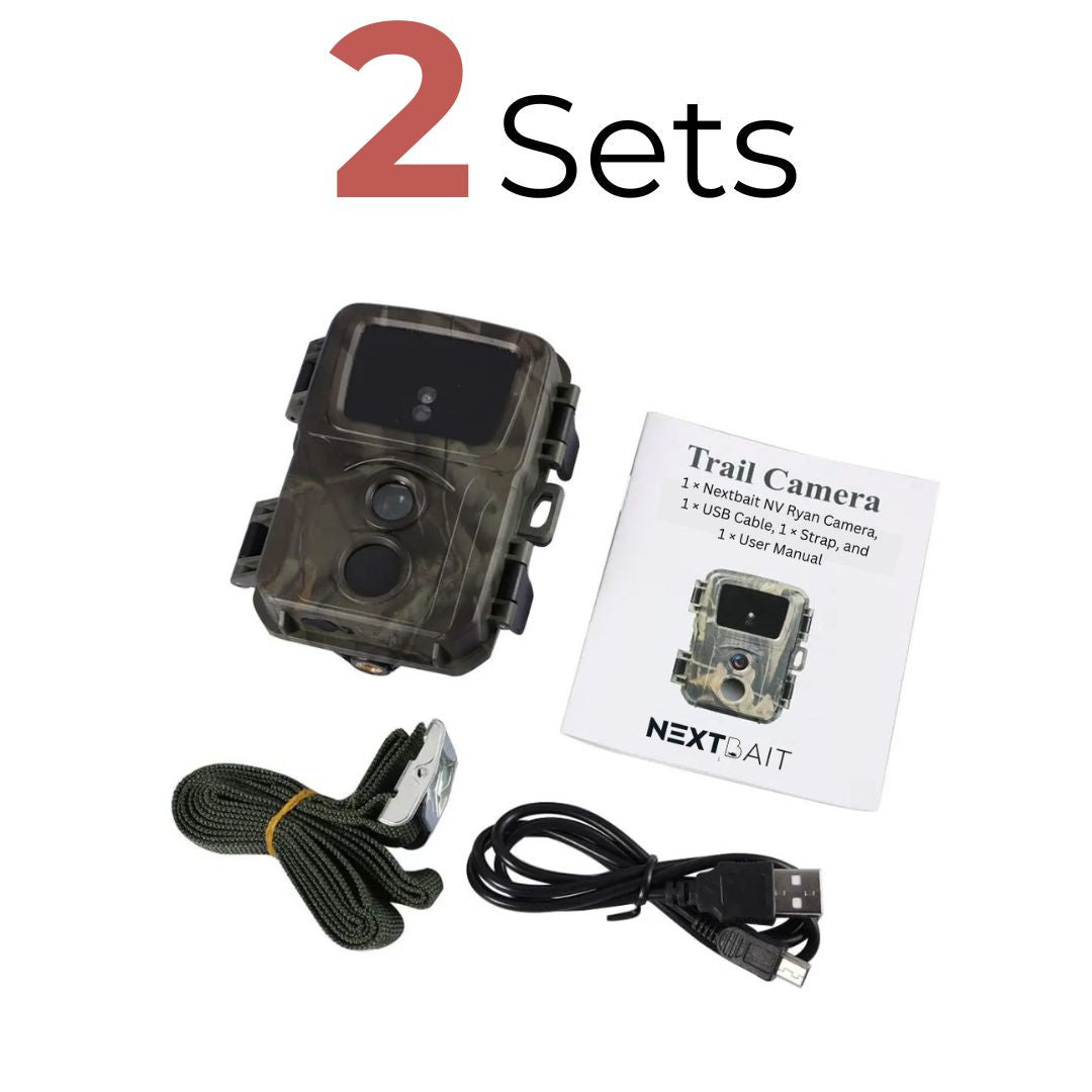 Deer camera trail camera 2 pack featuring a camouflaged NextBait Pan Camera, USB Cable, Strap, and User Manual for seamless wildlife monitoring and capturing high-quality images of deer in their natural environment.