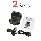 Deer camera trail camera 2 pack featuring a camouflaged NextBait Pan Camera, USB Cable, Strap, and User Manual for seamless wildlife monitoring and capturing high-quality images of deer in their natural environment.