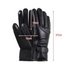 Black leather gloves with measurements on a white background