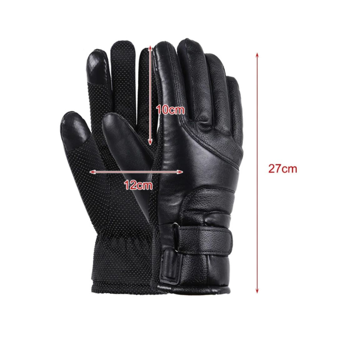 Black leather gloves with measurements on a white background