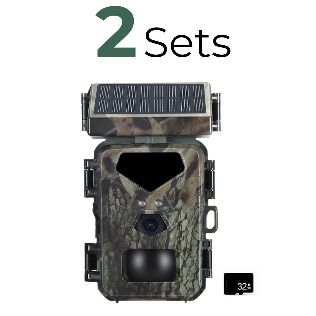Two sets of rugged, camouflage-designed solar hunting cameras, equipped with large solar panels for efficient energy harnessing, ideal for wildlife observation and outdoor security purposes.