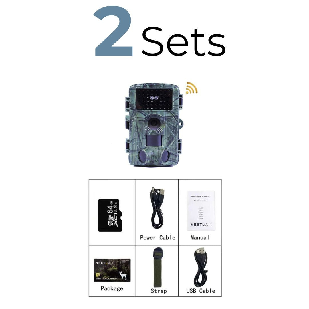 Two sets of trail cameras with live view capabilities, each set includes a camouflaged camera equipped with Wi-Fi connectivity, alongside essential accessories such as a power cable, green strap, USB cable, and a user manual for seamless wildlife monitoring.