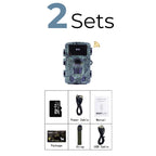 Two sets of trail cameras with live view capabilities, each set includes a camouflaged camera equipped with Wi-Fi connectivity, alongside essential accessories such as a power cable, green strap, USB cable, and a user manual for seamless wildlife monitoring.