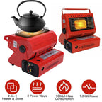 Red portable heater with stove attachment on a white background