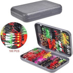 Gray case with colorful fishing lures inside, including a close-up of the lures.