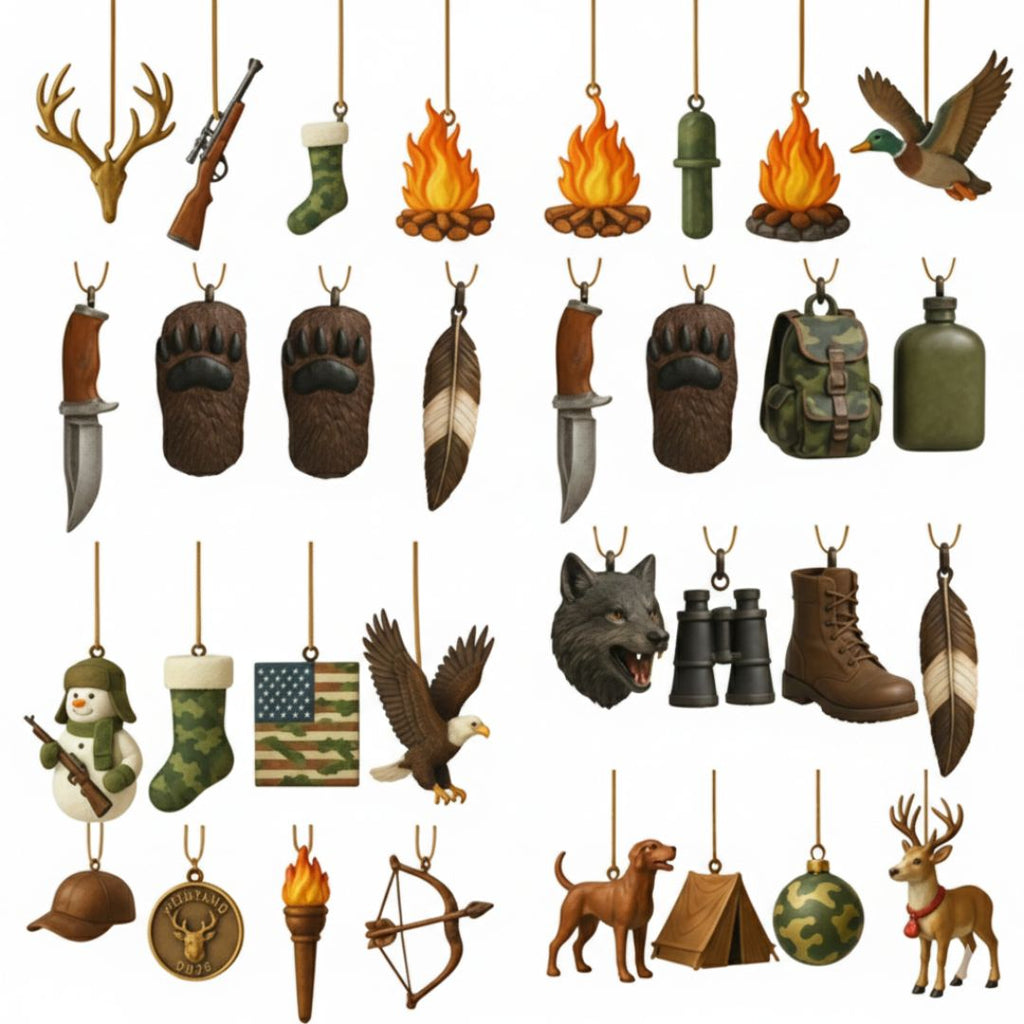 Close-up view of all 24 hunting and wilderness-themed acrylic ornaments, including antlers, rifle, campfire, duck, hunting knife, bear paws, wolf head, binoculars, boots, eagle, camouflage stocking, US flag, dog, tent, and deer.