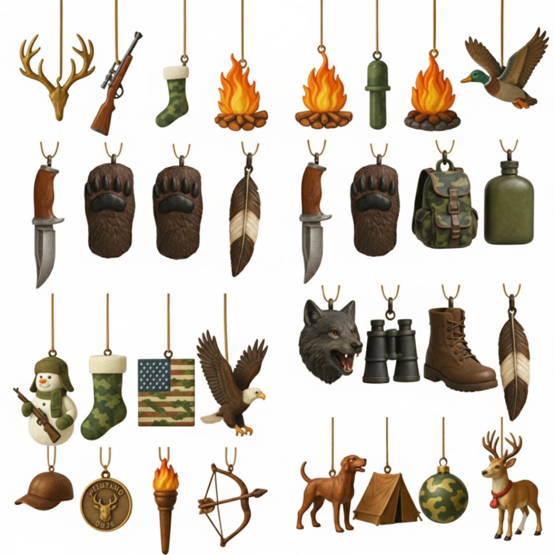 Close-up view of all 24 hunting and wilderness-themed acrylic ornaments, including antlers, rifle, campfire, duck, hunting knife, bear paws, wolf head, binoculars, boots, eagle, camouflage stocking, US flag, dog, tent, and deer.
