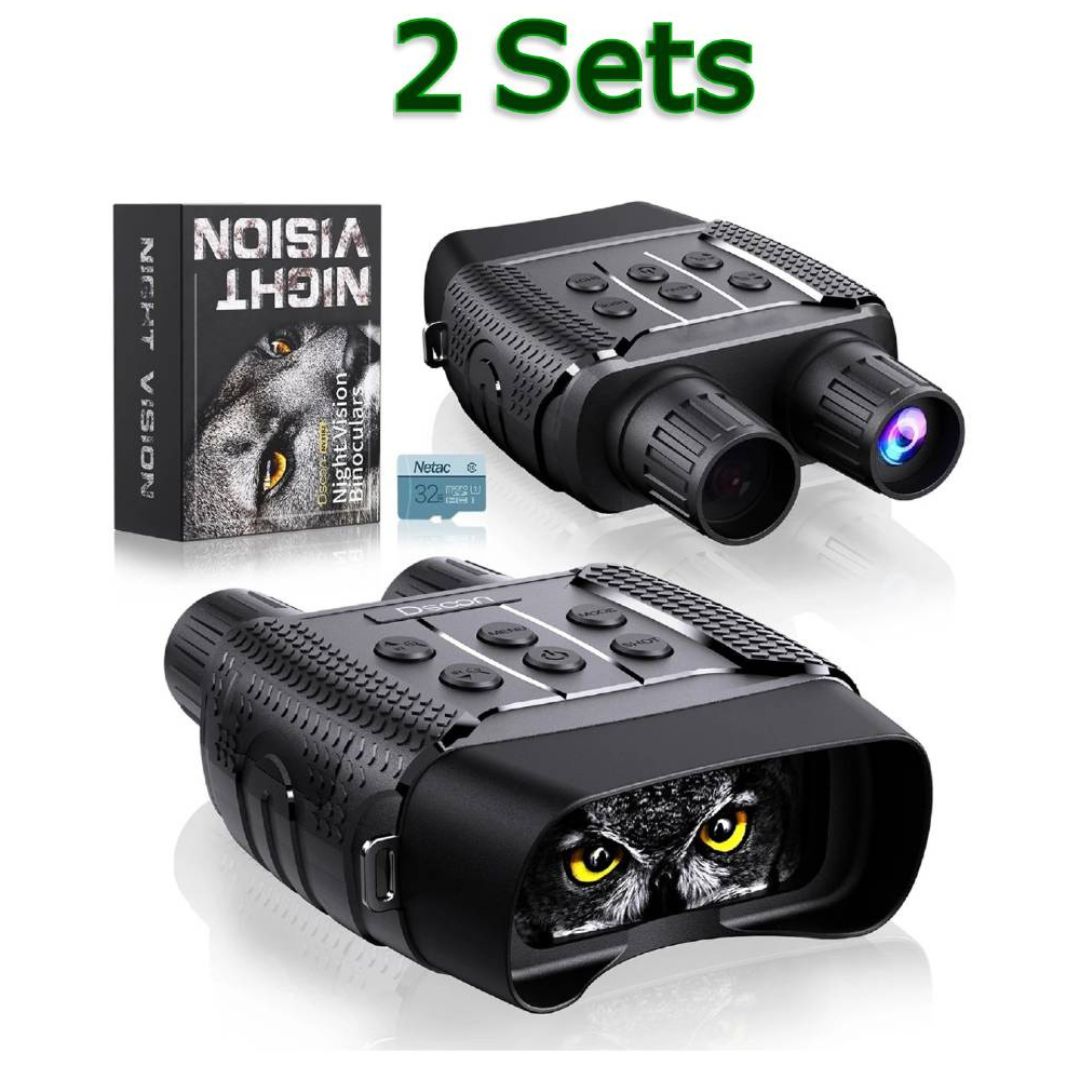 Promotional image featuring 2 sets of night vision binoculars gen 2, displayed next to their packaging. One set is upright, showcasing the front lenses with a purple hue, while the other is laid flat, demonstrating the night vision feature through an image of bright yellow animal eyes visible in the eyepiece. The packaging box, featuring a similar image, is placed to the left.