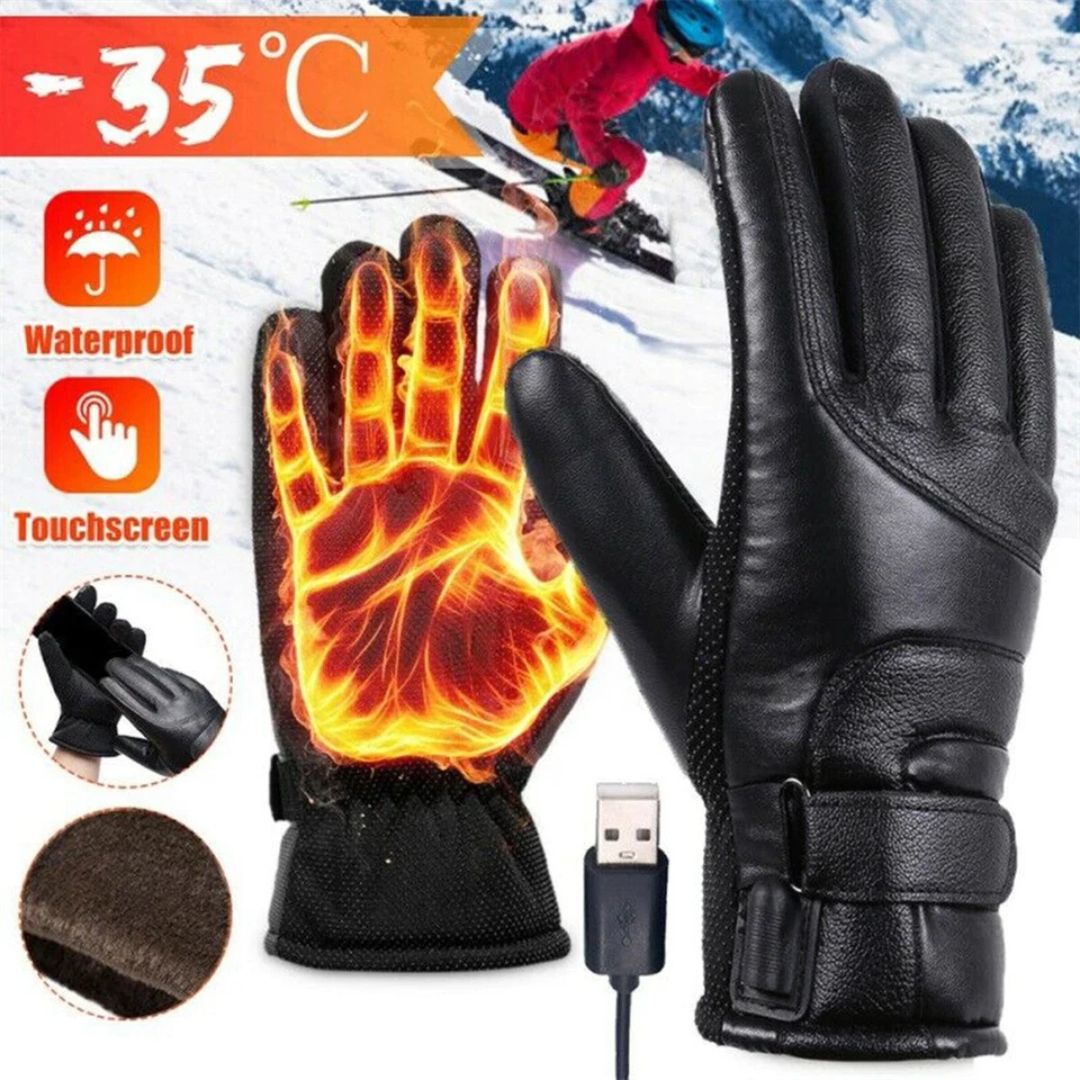Black heated gloves with USB cable, suitable for cold weather, featuring waterproof and touchscreen functions.