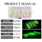 Luminous fishing lures in a box with product details on a white background