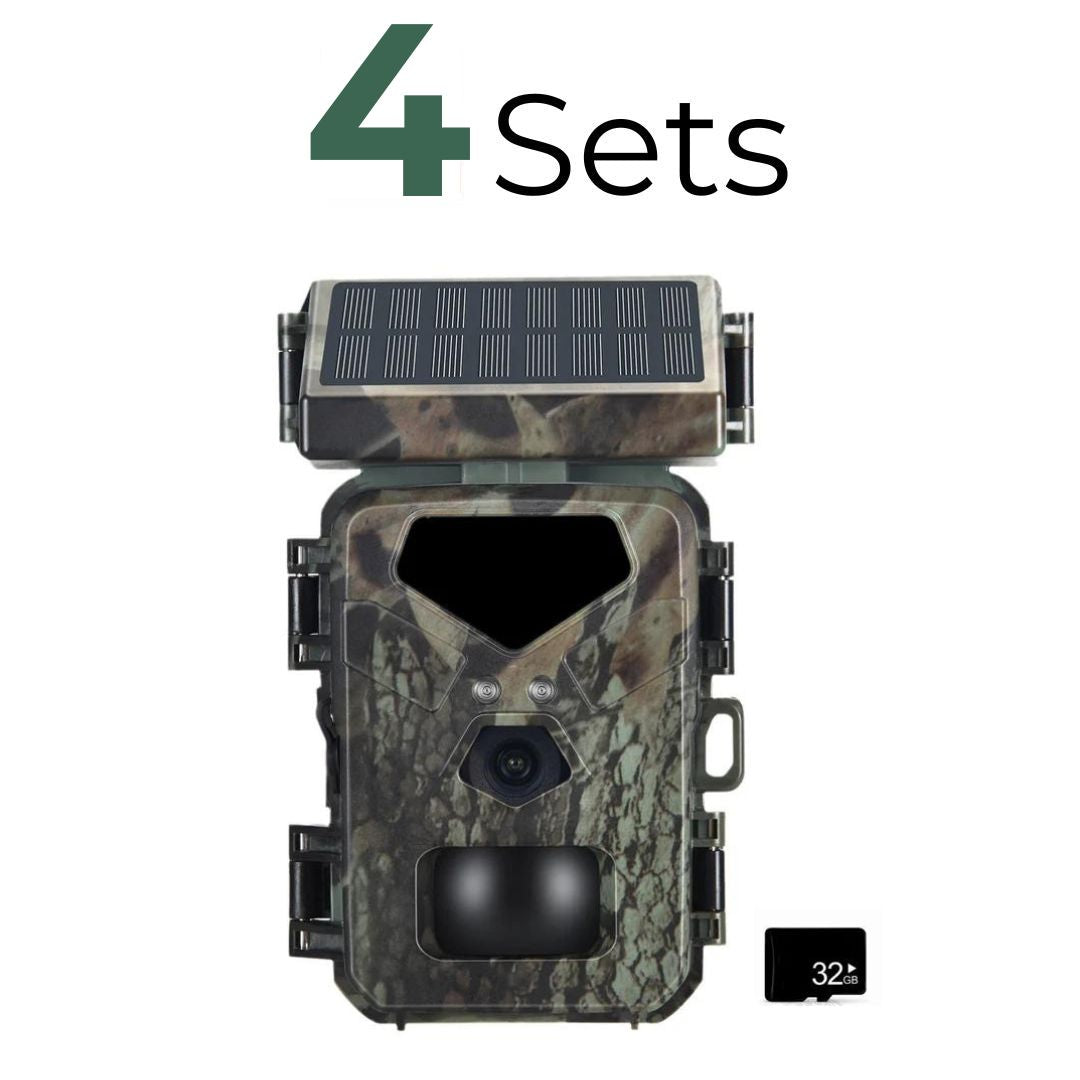 Four sets of the best solar trail camera with a camouflage design, equipped with a solar panel for efficient energy harnessing and a 32GB storage capacity.
