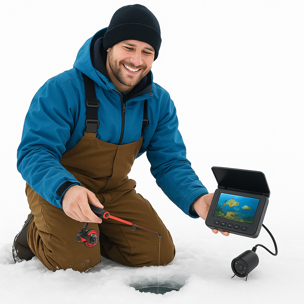 Smiling man ice fishing in winter gear while holding the X-Aqua Pro Underwater Camera monitor, which displays a live underwater view of fish on its 4.3-inch screen. The camera is placed beside the ice hole, showing real-time footage during the fishing session.