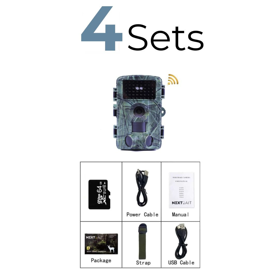 Four sets of night vision trail cameras with camouflage design, equipped with infrared lights for capturing clear images in the dark, and user-friendly interface featuring a 2.0” display screen and easy-to-navigate buttons.