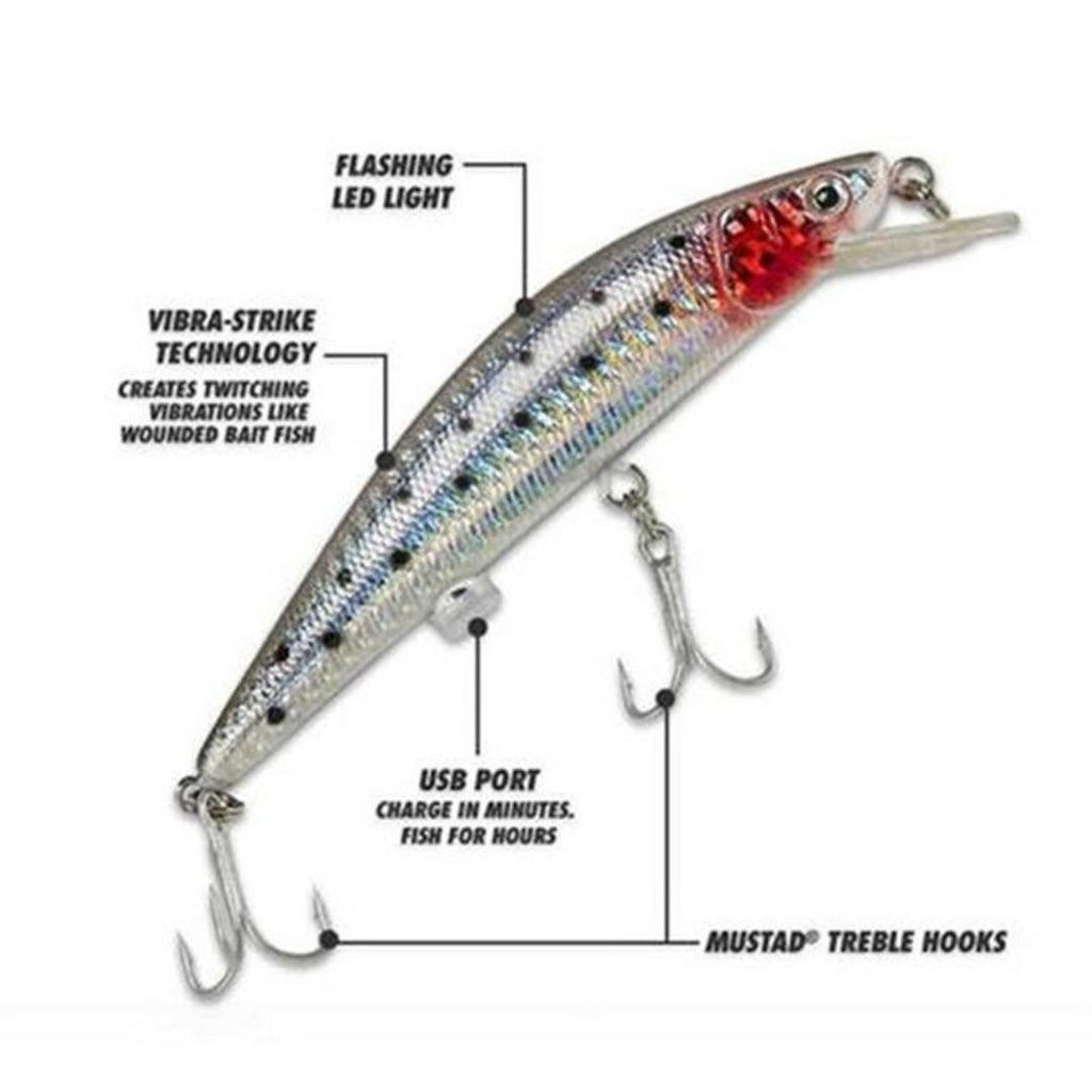 Fishing lure with labeled features on a white background