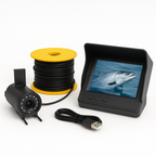 X-Aqua Pro Underwater Camera system shown on a white background, featuring a black waterproof camera with infrared LEDs, a yellow cable spool, a USB charging cable, and a 4.3-inch monitor displaying a live image of a fish underwater.