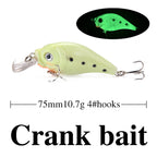 Green crank bait fishing lure with a close-up inset showing its glow in the dark feature.