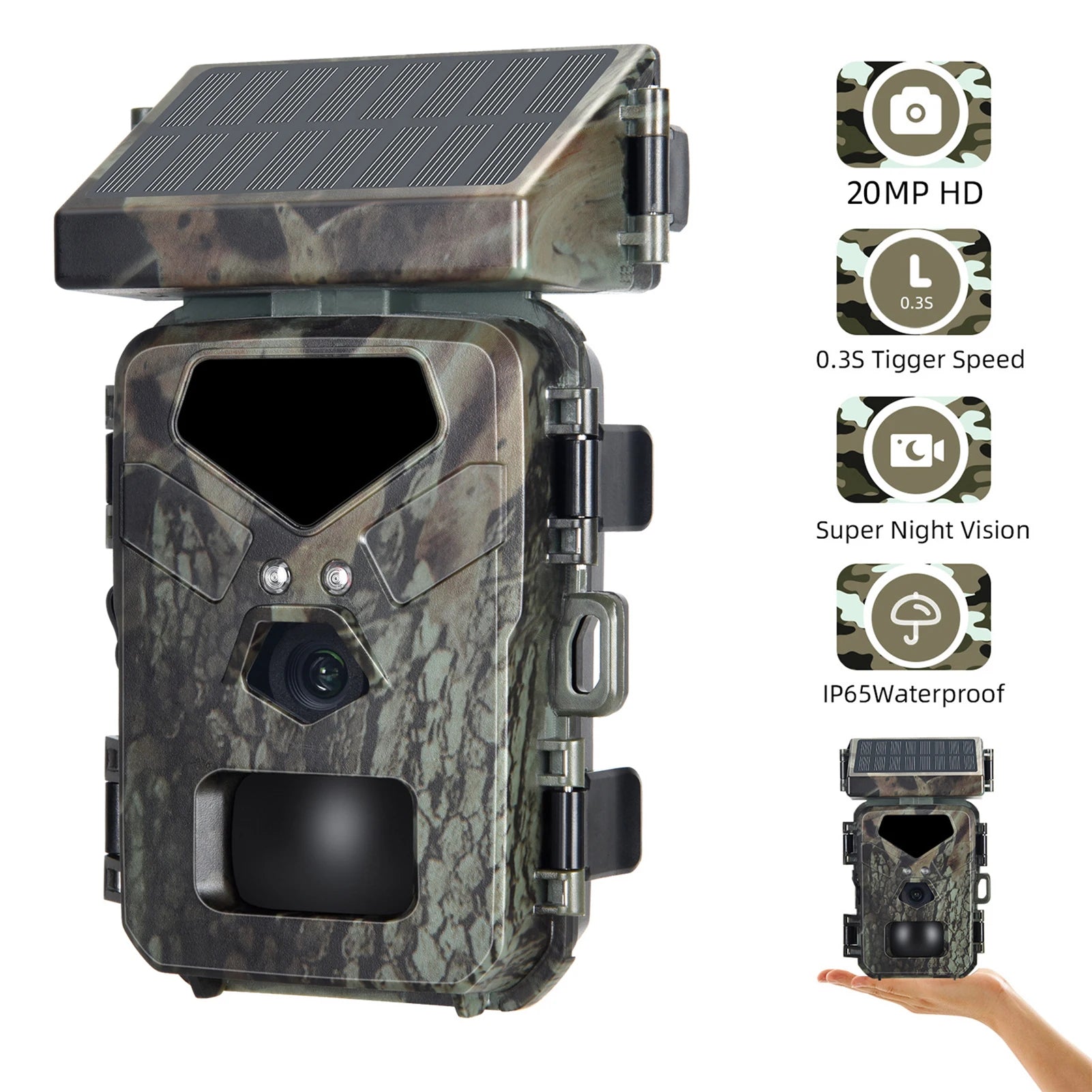 A solar trail camera with camouflage design, equipped with a solar panel on top, boasting features like 20MP HD resolution, 0.35s trigger speed, super night vision, and IP65 waterproof rating.