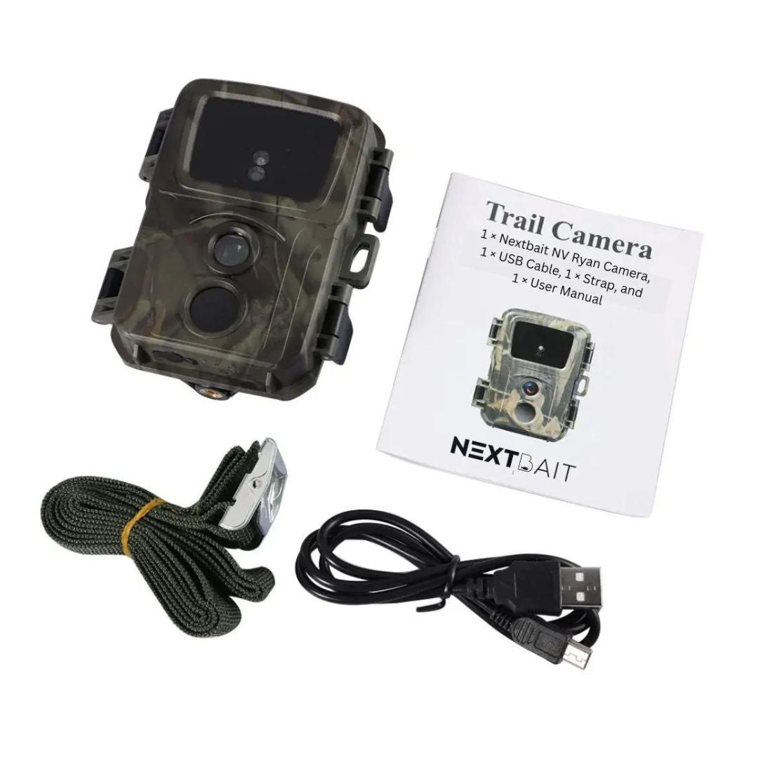 Trail Camera On Sale, Featuring The Mini Trail Camera, A Usb Cable, A Strap, And A User Manual