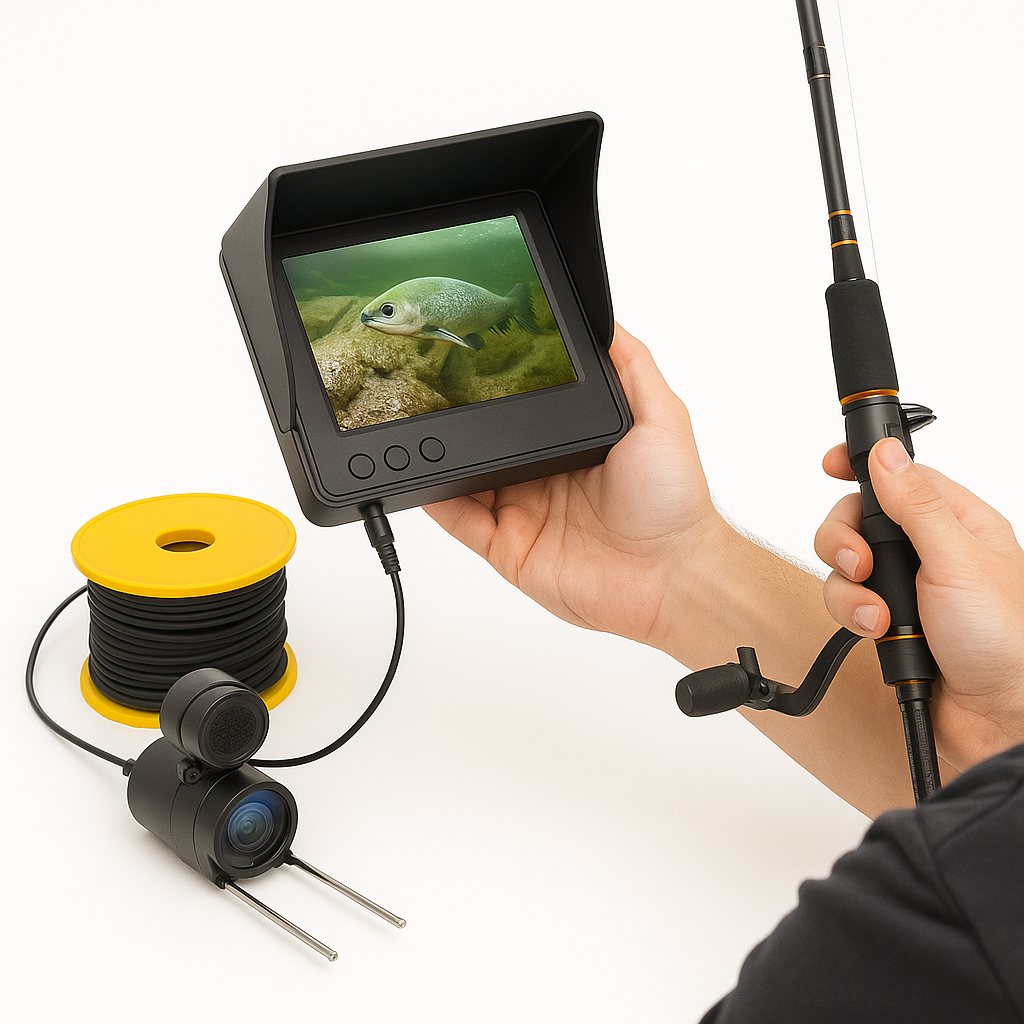 X-Aqua Pro Underwater Camera system shown on a white background, featuring a black waterproof camera with infrared LEDs, a yellow cable spool, a USB charging cable, and a 4.3-inch monitor displaying a live image of a fish underwater.