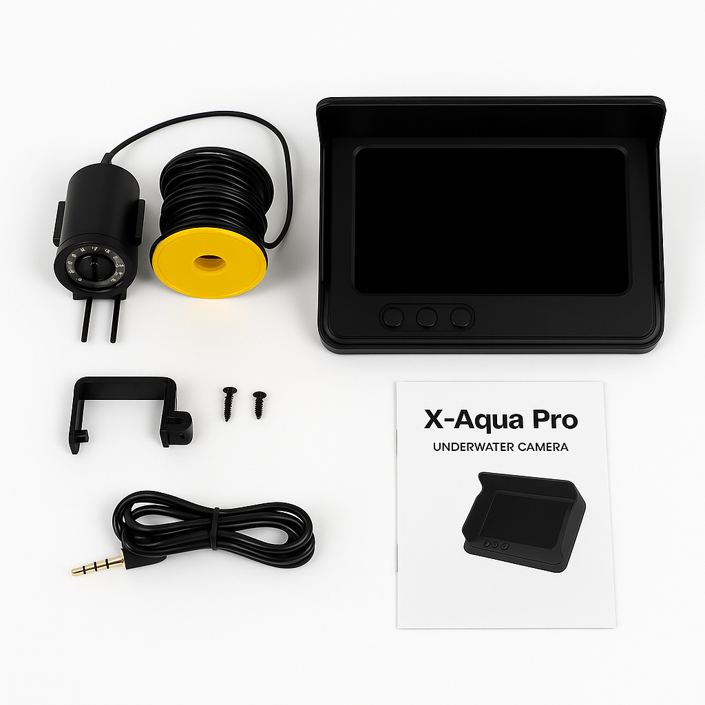 Flat lay image of the X-Aqua Pro Underwater Camera kit. Includes the HD camera with a long coiled cable, a 4.3" display monitor with sun visor, mounting bracket, two screws, a 3.5mm AV cable, and a user manual labeled "X-Aqua Pro Underwater Camera." All components are neatly arranged on a white background.