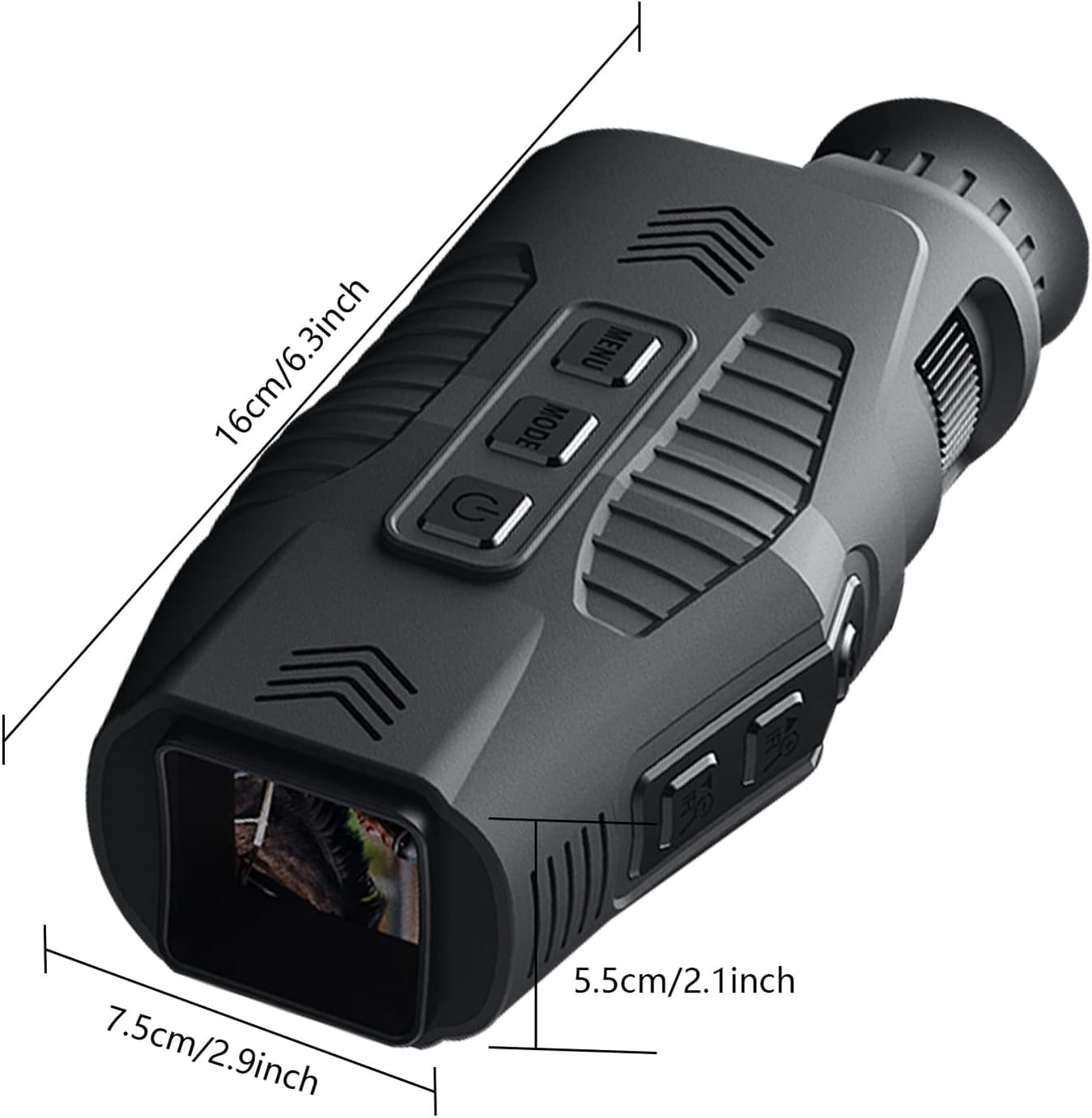 A rugged monocular NVG with precise measurements for length, width, and height, designed for enhanced night vision in challenging environments.