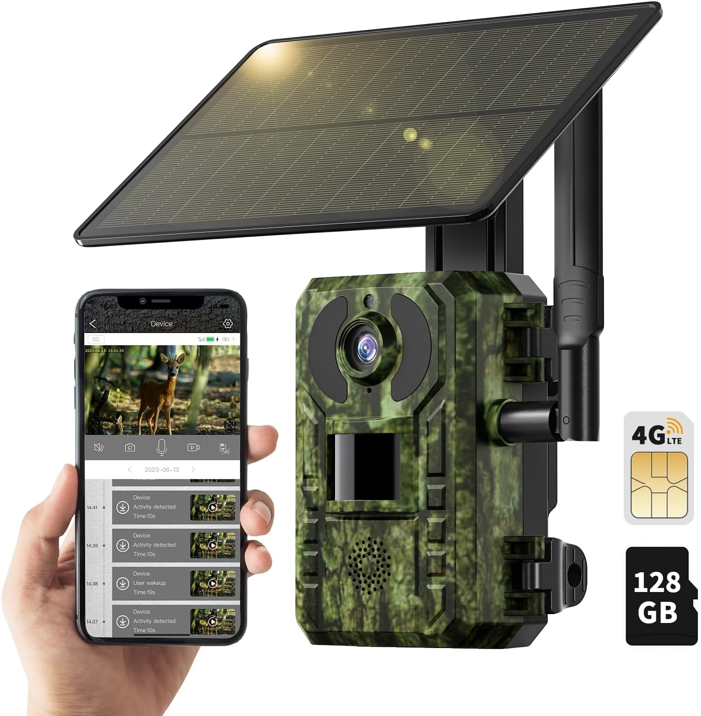 Camouflage designed solar trail camera with a large solar panel, capturing and wirelessly transmitting high-quality wildlife images and videos, displayed on a smartphone.