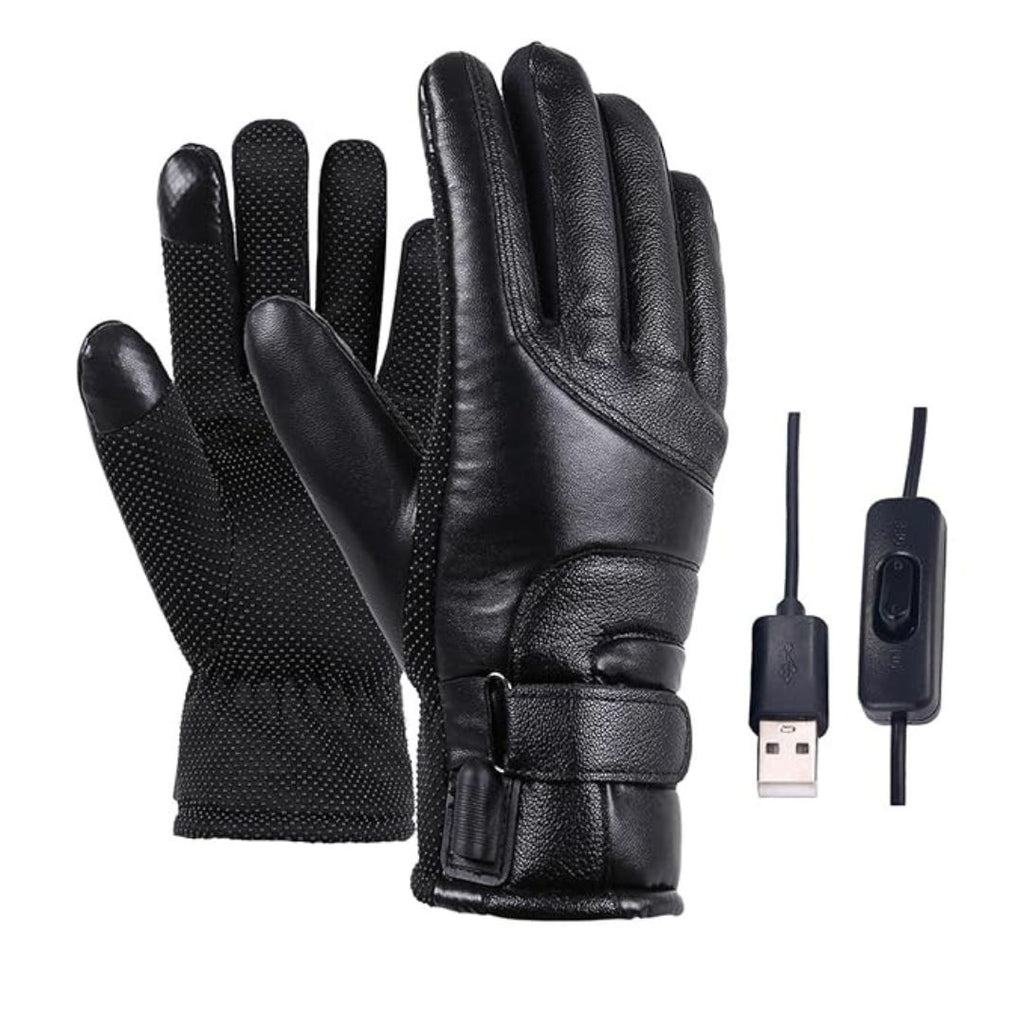 Black heated gloves with USB cable and power switch on a white background